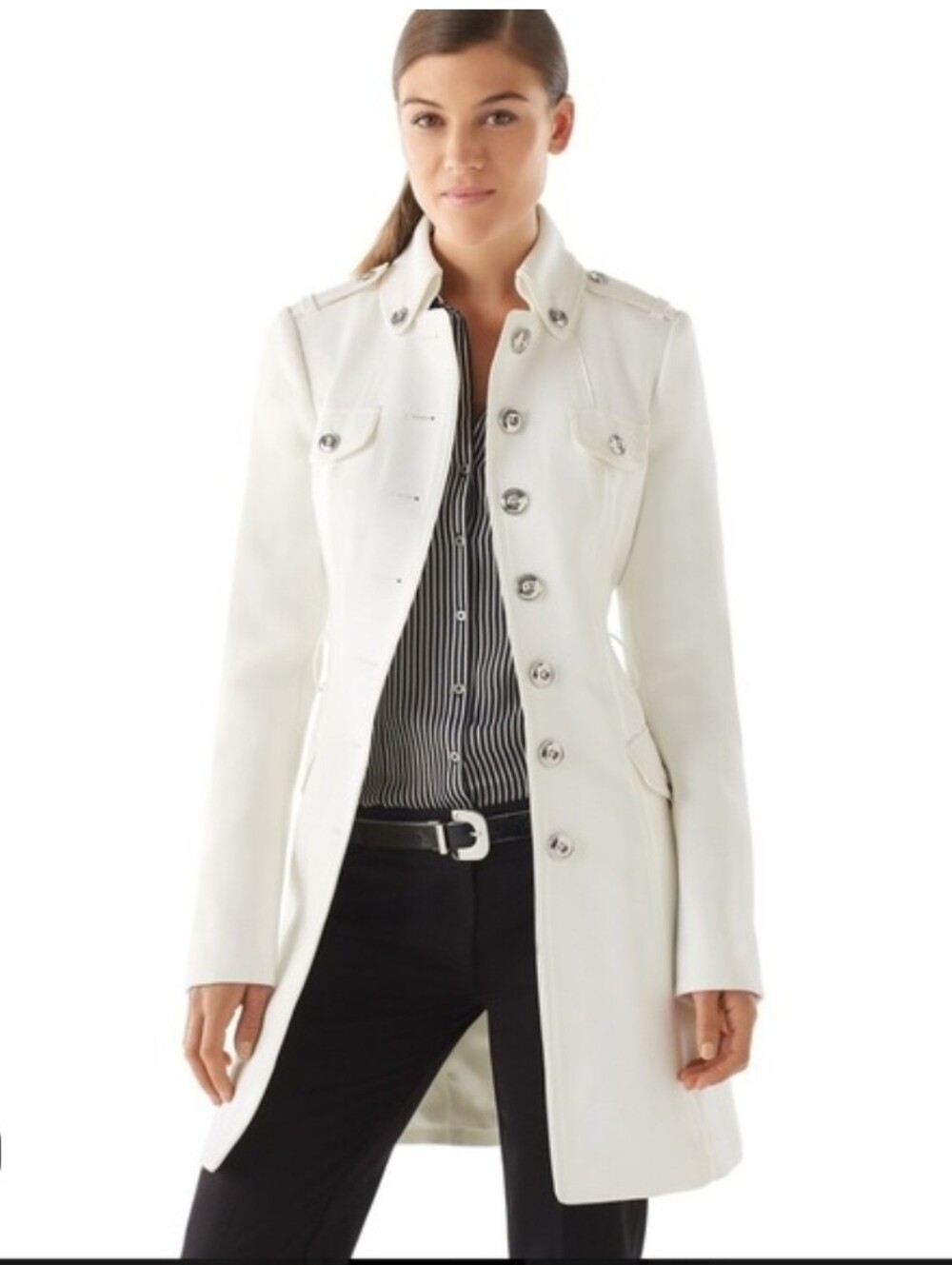 Womens White Military-Style Long Coat